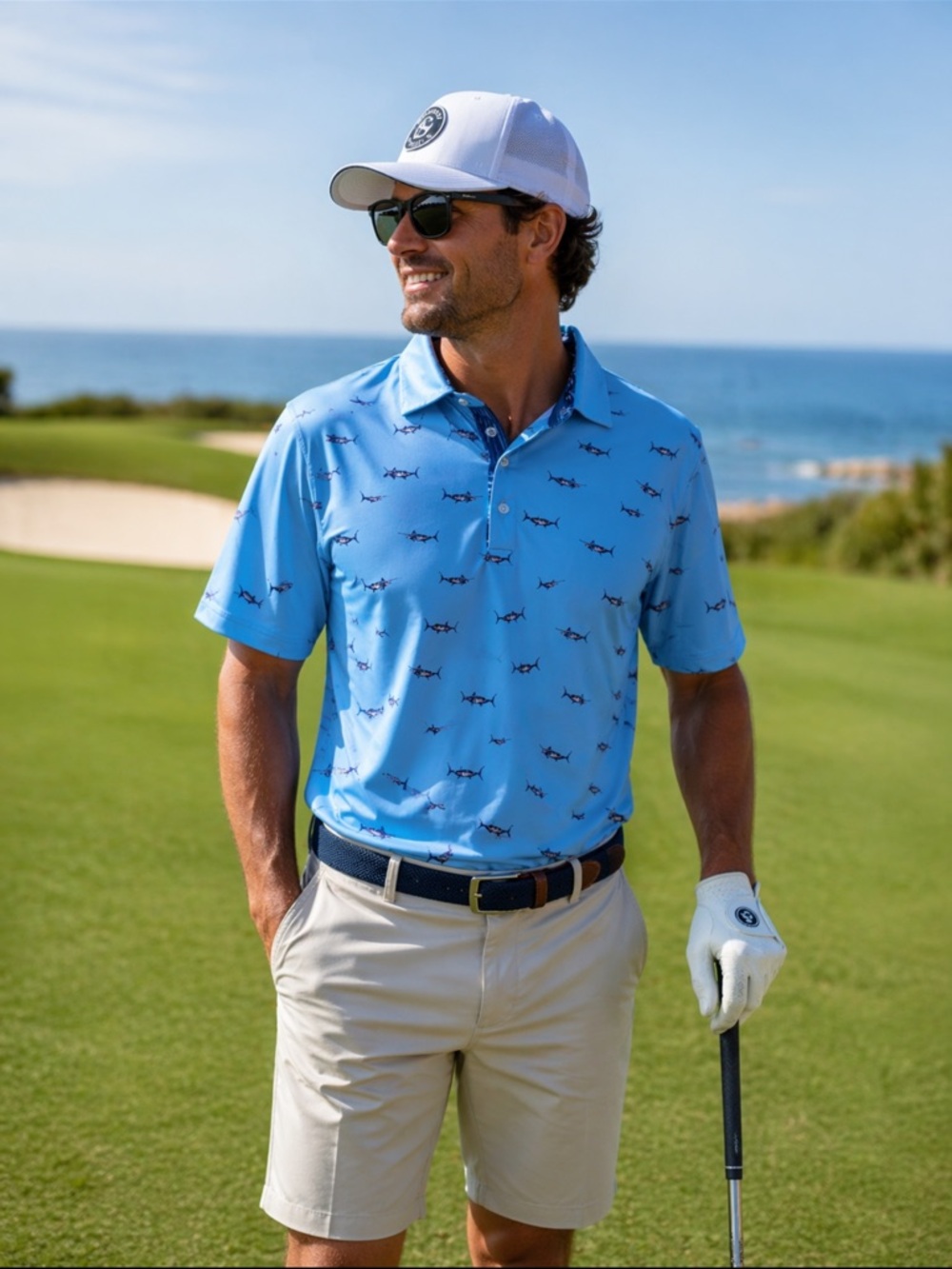 Scales Fish Print Golf Polo Light Blue Mens Large Performance